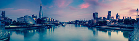 Panoramic view on London and Thames at twilight, from Tower Bridge