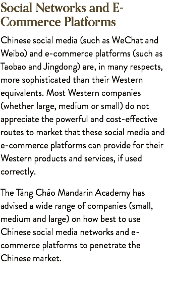 Social Networks and E-Commerce Platforms Chinese social media (such as WeChat and Weibo) and e-commerce platforms (such as Taobao and Jingdong) are, in many respects, more sophisticated than their Western equivalents. Most Western companies (whether large, medium or small) do not appreciate the powerful and cost-effective routes to market that these social media and e-commerce platforms can provide for their Western products and services, if used correctly. The Táng Cháo Mandarin Academy has advised a wide range of companies (small, medium and large) on how best to use Chinese social media networks and e-commerce platforms to penetrate the Chinese market.
