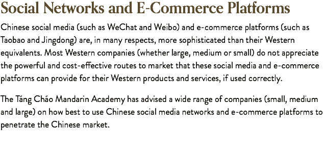 Social Networks and E-Commerce Platforms Chinese social media (such as WeChat and Weibo) and e-commerce platforms (such as Taobao and Jingdong) are, in many respects, more sophisticated than their Western equivalents. Most Western companies (whether large, medium or small) do not appreciate the powerful and cost-effective routes to market that these social media and e-commerce platforms can provide for their Western products and services, if used correctly. The Táng Cháo Mandarin Academy has advised a wide range of companies (small, medium and large) on how best to use Chinese social media networks and e-commerce platforms to penetrate the Chinese market.